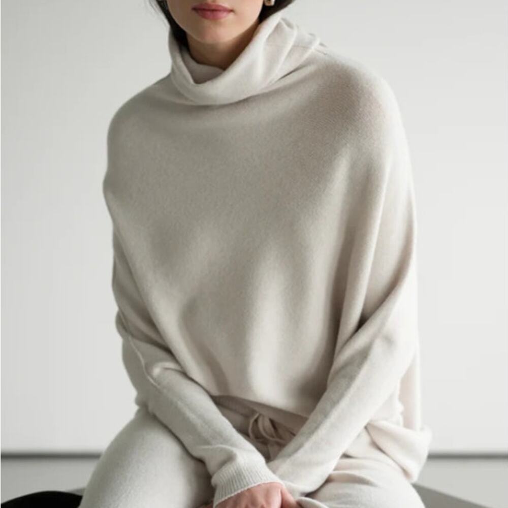 Jaki Light Beige Asymmetric Draped Roll Neck Seamless Knit Sweater Size S/M